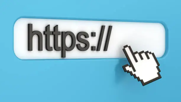 Photo of Secure data transfer with https internet connection protocol, encryption communication, website security concept. 3d illustration web browser with internet link and click hand cursor.