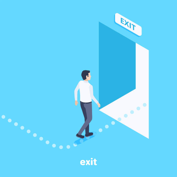exit isometric vector image on a blue background, a man follows the indicated path to the exit through an open door, an escape route escaping illustrations stock illustrations