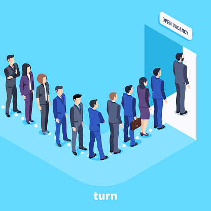 isometric vector image on a blue background, people in business suits are standing in a long line, waiting for work