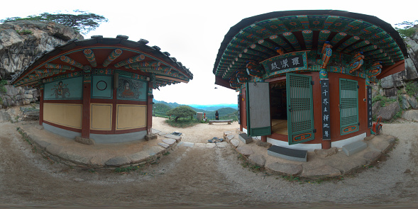 JECHEON, SOUTH KOREA 22 May 2019: 360 degrees full seamless spherical panorama of Jeongbangsa Temple. Jeongbangsa temple is located 460 meters above sea level on the southern slope of Mt. Kumsu near Cheongpung Lake and Woraksan National Park. AR VR content\