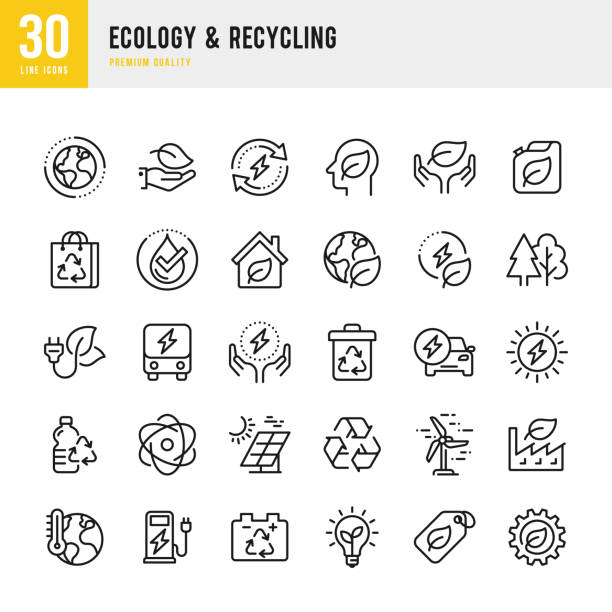ilustraciones, imágenes clip art, dibujos animados e iconos de stock de ecology & recycling - conjunto de iconos vectoriales de línea. píxel perfecto. set contiene iconos como cambio climático, energía alternativa, reciclaje, tecnología verde - cambio climatico