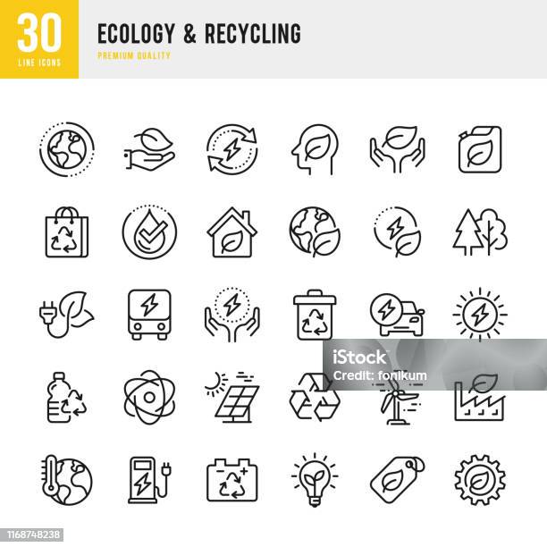 Ecology Recycling Set Di Icone Vettoriali Di Linea Pixel Perfetto Il Set Contiene Icone Come Il Cambiamento Climatico Lenergia Alternativa Il Riciclaggio La Tecnologia Verde - Immagini vettoriali stock e altre immagini di Icona