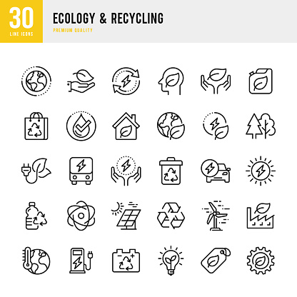 Ecology & Recycling - set of line vector icons. Pixel Perfect. Set contains such icons as Climate Change, Ozone Layer, Biofuel, Alternative Energy, Recycling, Green Technology.