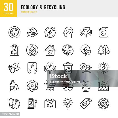 istock Ecology & Recycling - set of line vector icons. Pixel Perfect. Set contains such icons as Climate Change, Alternative Energy, Recycling, Green Technology 1168748238