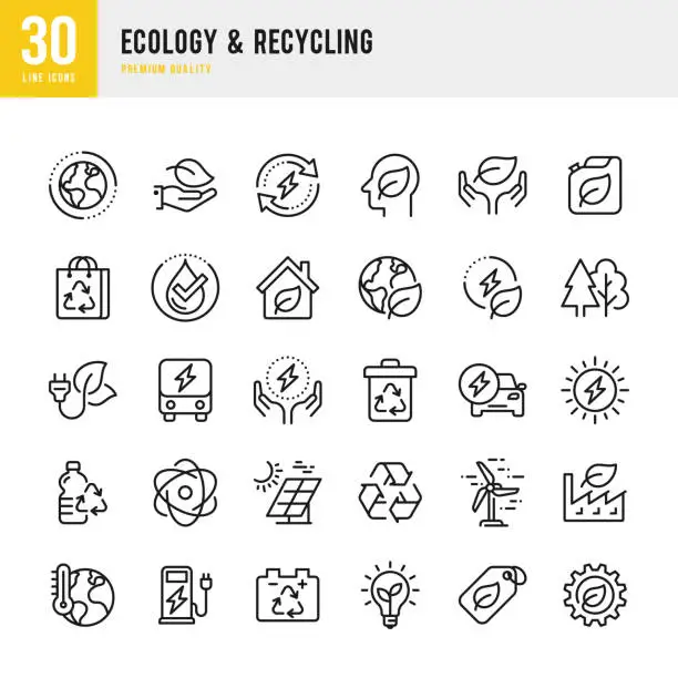 Vector illustration of Ecology & Recycling - set of line vector icons. Pixel Perfect. Set contains such icons as Climate Change, Alternative Energy, Recycling, Green Technology