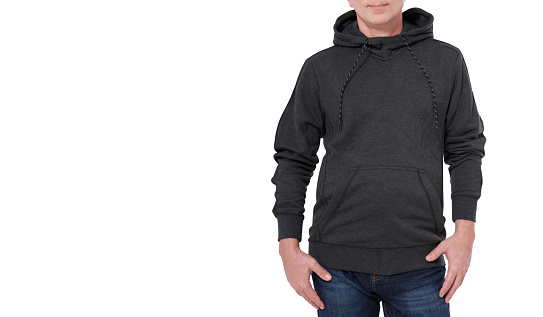 Man in black sweatshirt, black hoodies isolated on white background. mock up