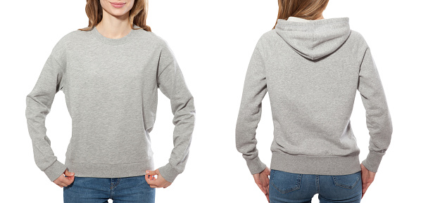 young girl in gray sweatshirt front and rear, gray hoodies, blank isolated on white background. mock up