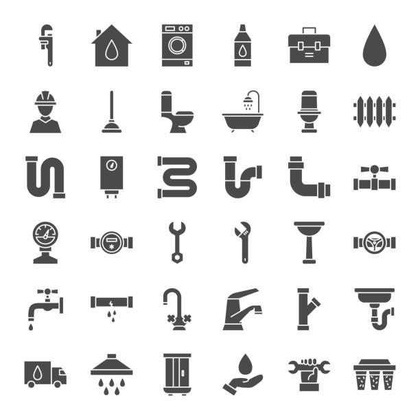 illustrations, cliparts, dessins animés et icônes de icônes web solides de plomberie - plombier