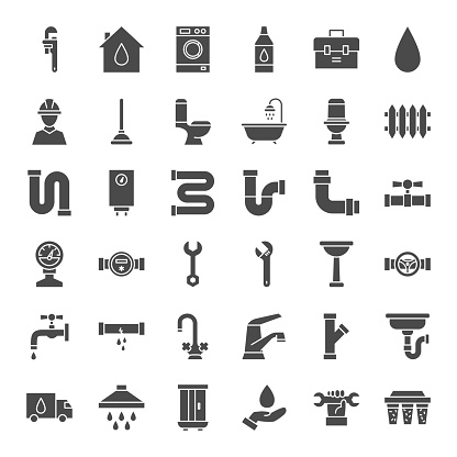 Plumbing Solid Web Icons. Vector Set of Industrial Glyphs.