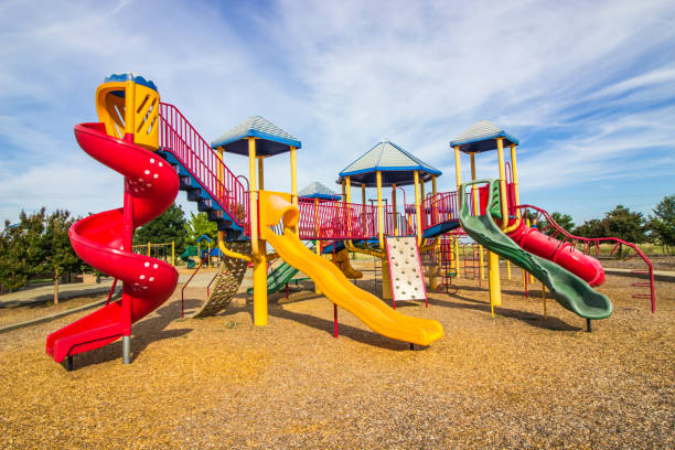 Kids Playground Equipment In Public Park Kids Playground Jungle Gym In Public Park jungle gym stock pictures, royalty-free photos & images