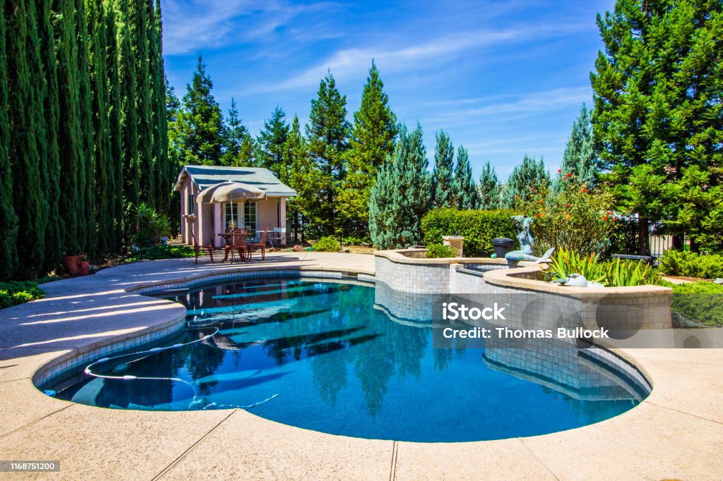 Tranquil Rear Yard Setting With Swimming Pool Tranquil Rear Yard Setting With Free Form Swimming Pool Swimming Pool Stock Photo