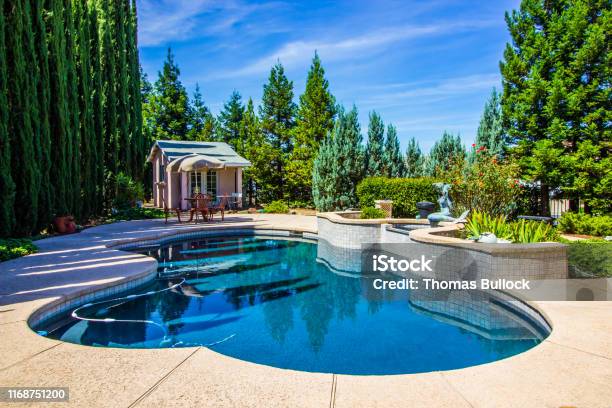 Tranquil Rear Yard Setting With Swimming Pool Stock Photo - Download Image Now - Swimming Pool, Yard - Grounds, House