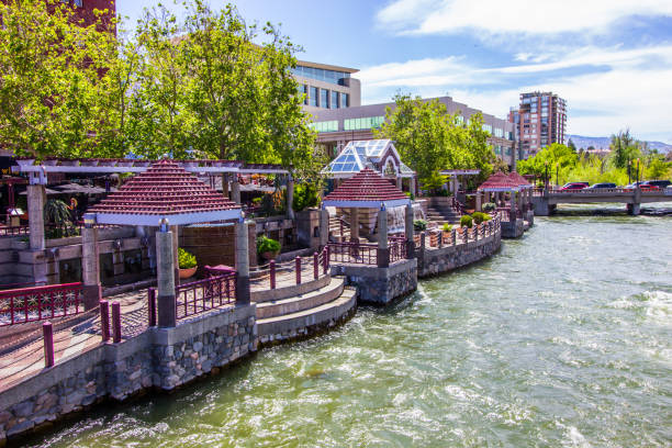 Pavilions Along River Walk In Springtime Modern Pavilions Along Truckee River Walk In Springtime truckee river photos stock pictures, royalty-free photos & images