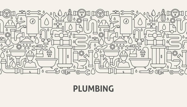 ilustrações de stock, clip art, desenhos animados e ícones de plumbing banner concept - water pipe sewer pipeline leaking