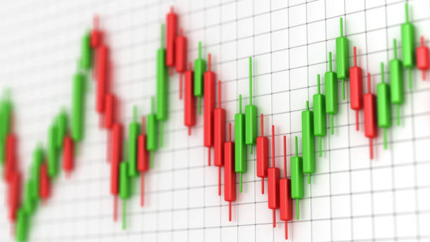 börsenchart mit grünen und roten kerzen. profit und geld. finanz- und geschäftsdiagramm. börsenvolatilität 3d abbildung. - nasdaq financial occupation chart trader stock-fotos und bilder