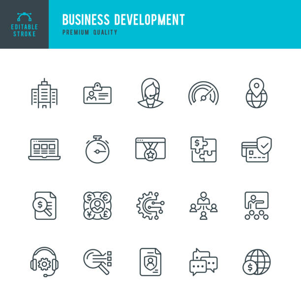 business development - vektorliniensymbol gesetzt. bearbeitbarer strich. pixel perfekt. set enthält symbole wie office, support, management, versicherung, webinar. - currency global communications technology currency symbol stock-grafiken, -clipart, -cartoons und -symbole