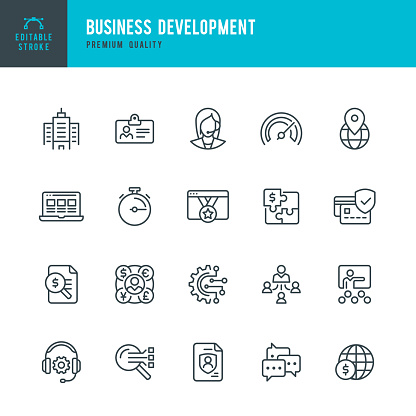 Business Development - vector line icon set. Editable stroke. Pixel perfect. Set contains such icons as Office, Development, Support, Management, Insurance, Webinar, SEO, Accountancy.