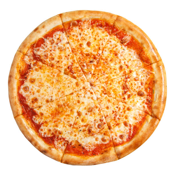 pizza margarita con vista superior de queso aislado sobre fondo blanco - pizza fotografías e imágenes de stock