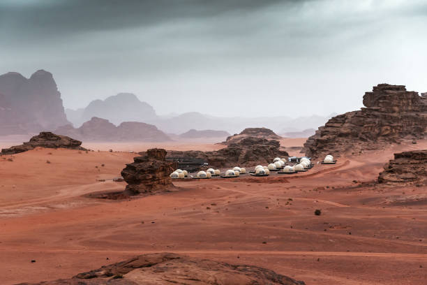 martian landscape with camping Martian landscape with luxury camping in Wadi Rum desert. Jordan bedouin stock pictures, royalty-free photos & images