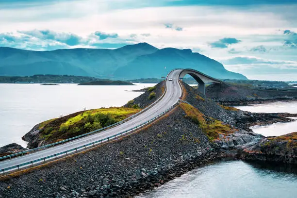 World famous Atlantic road bridge (Atlanterhavsvegen) with an amazing view over the norwegian mountains.