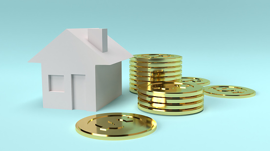 The house and gold coins 3d rendering close up image.