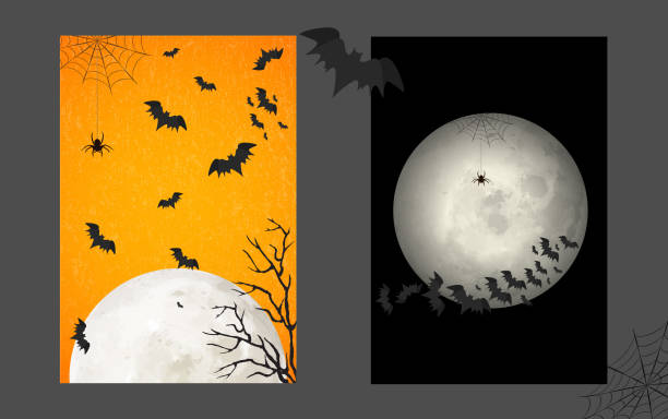 illustrazioni stock, clip art, cartoni animati e icone di tendenza di set di volantini di halloween, illustrazione vettoriale. luna piena, pipistrelli volanti, ragno appeso al web, colori arancione e nero, sfondo spaventoso spettrale per la festa di halloween. - equipment group of objects space moon