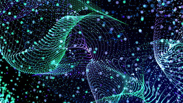 istock Energy power digital innovation data transfer, neon colorful dot speed line light path on stage with glare in cyber space background. Neon bokeh blur light line of global digital world model 3D rendering. 1168757586