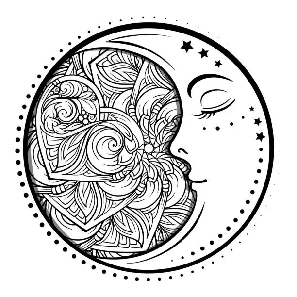 Vector illustration of Ethnic cresent moon motif. Antistress coloring page