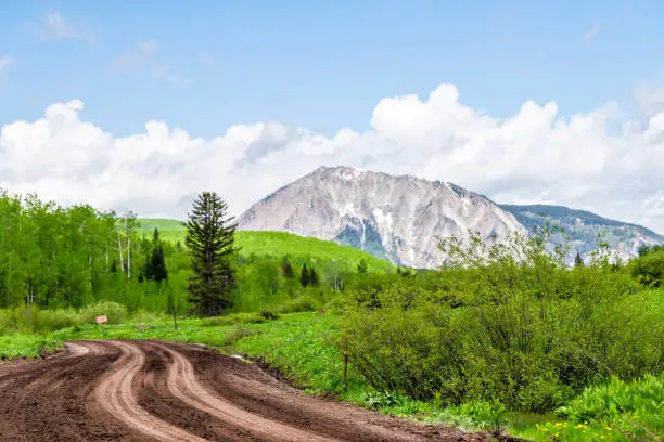 Crested Butte Kebler Pass rocky mountain view and dirt unpaved road with clouds in sky in green summer