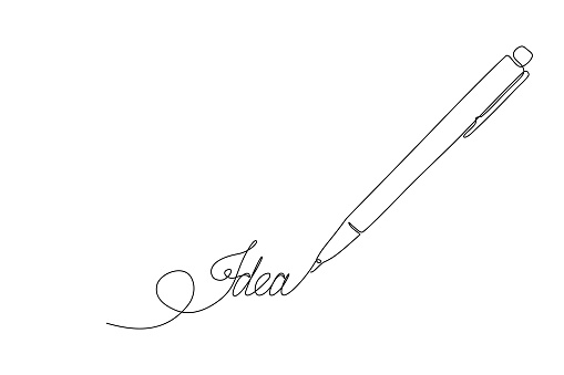 Pen writing new idea in continuous line art drawing style. Minimalist black line sketch on white background. Vector illustration