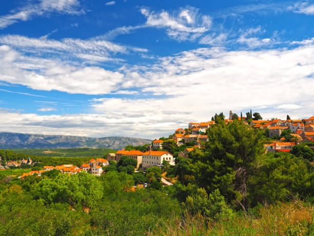 Looking down to Svirce, famous vine destination valley, Hvar island inland, Croatia.