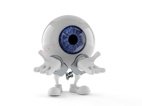 Eye ball character in handcuffs isolated on white background. 3d illustration