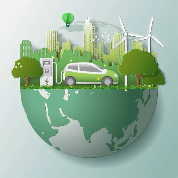 Vector illustration of Green renewable energy ecology technology power saving environmentally friendly concepts, electric car at charging station beautiful park city background on globe