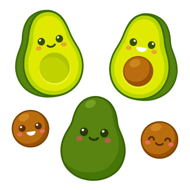 Cute avocado character set Cute cartoon avocado characters set. Whole avocado, cut in half and pit with funny kawaii faces. Isolated vector clip art illustration. kawaii stock illustrations