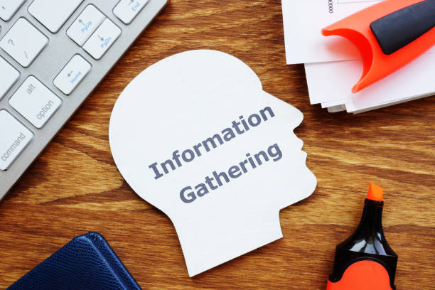 istock Text sign showing the Information Gathering. The text is written on a head-shaped plaque. Papers with graphs, keyboard, markers are on the photo too. 1168771552
