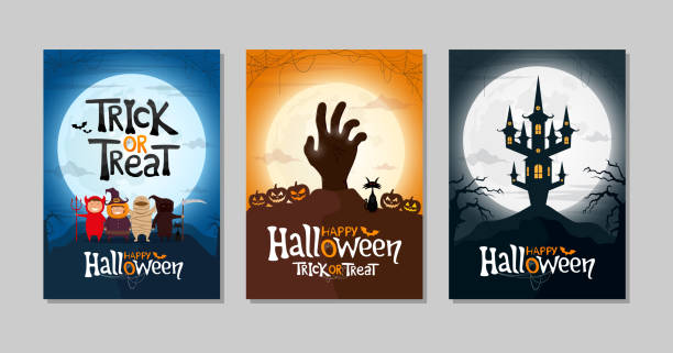 illustrazioni stock, clip art, cartoni animati e icone di tendenza di set di biglietti d'auguri happy halloween e trick o treat o inviti per feste. - trick or treat