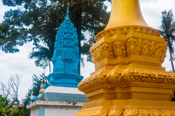 Stupa, traditional Buddhist burial gravestones at a temple in a rural area of Cambodia