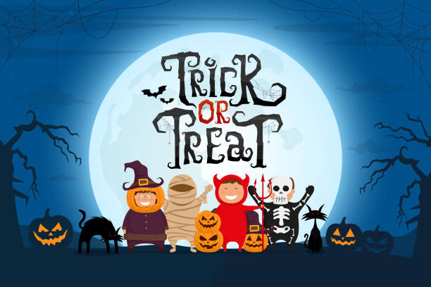 illustrazioni stock, clip art, cartoni animati e icone di tendenza di trick or treat testo spaventoso con i bambini in costume di halloween sul paesaggio notte spettrale sotto la luce della luna. - trick or treat