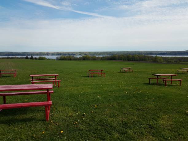 istock red picnic tables in green grass or field with river in Quebec, Canada 1168775220