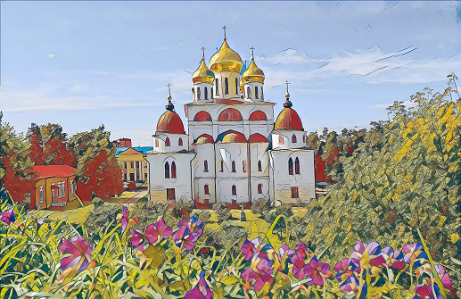 Shining golden cupola of orthodox church of Dmitrov Kremlin