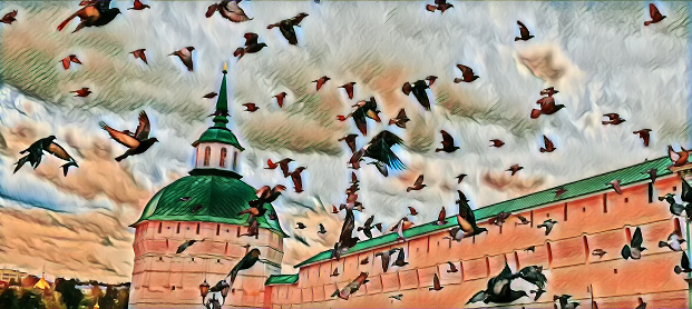 Photographic art picture of pigeon flock moving against Russian orthodox church