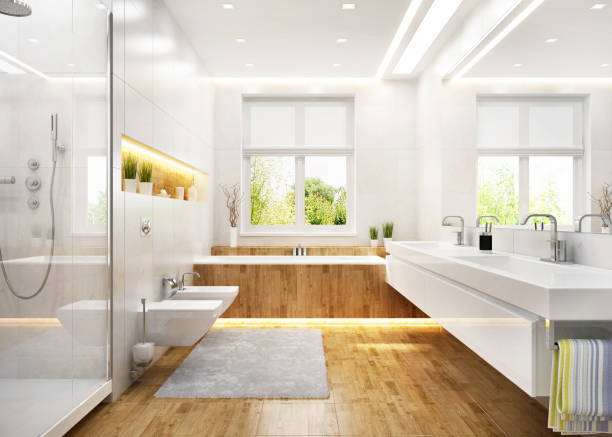 salle de bains blanche de luxe dans la maison moderne - fenetre salle de bain photos et images de collection
