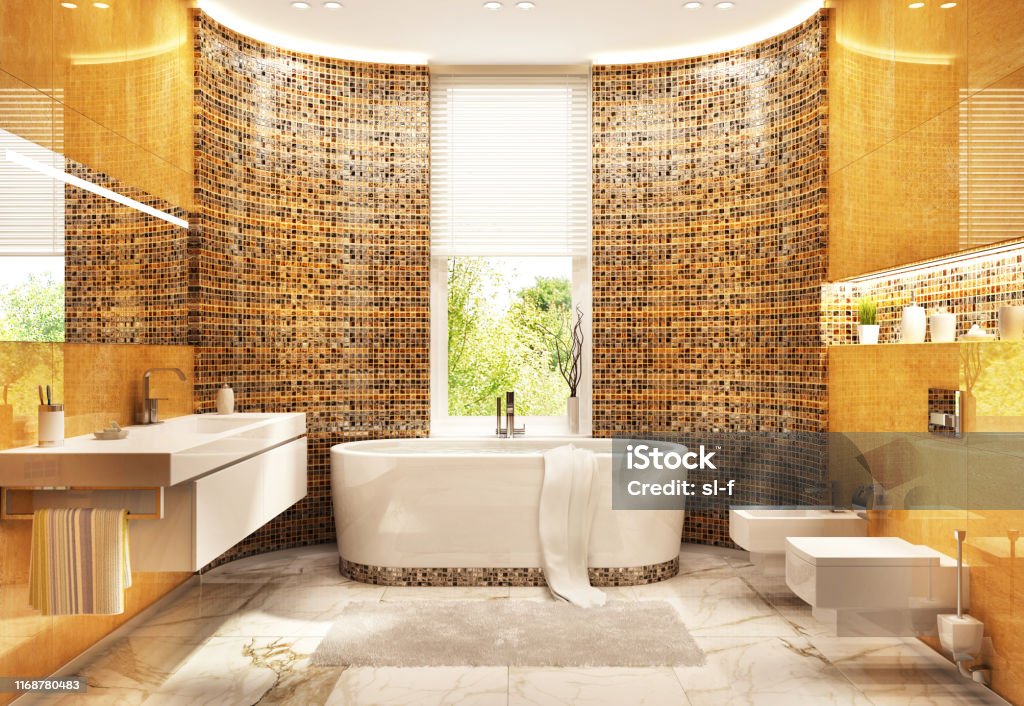 Modern mosaic bathroom interior design Modern mosaic bathroom with bathtub Bathroom Stock Photo
