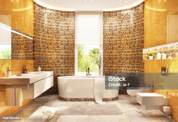 Modern Mosaic Bathroom Interior Design Stock Photo - Download Image Now - Bathroom, Yellow, Home Showcase Interior