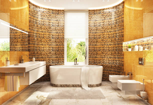 современный дизайн интерьера мозаичной ванной комнаты - tiled floor ceramic floor model home стоковые фото и изображения