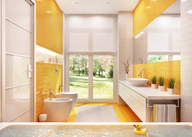 Modern bathroom with a large window stock photo