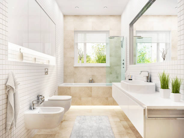 moderno baño blanco con bañera y ventana - cuarto de baño fotografías e imágenes de stock
