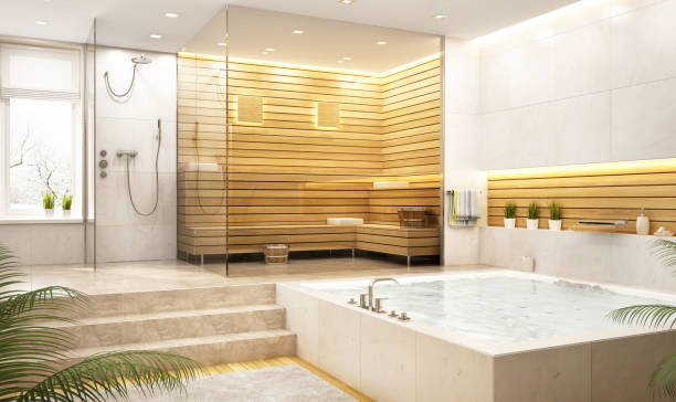 modern relaxation room and sauna in a large house - bathroom shower glass contemporary imagens e fotografias de stock