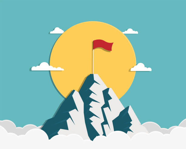 太陽と雲が空に沈む山の頂上の赤い旗 - leading climbing red moving up点のイラスト素材／クリップアート素材／マンガ素材／アイコン素材