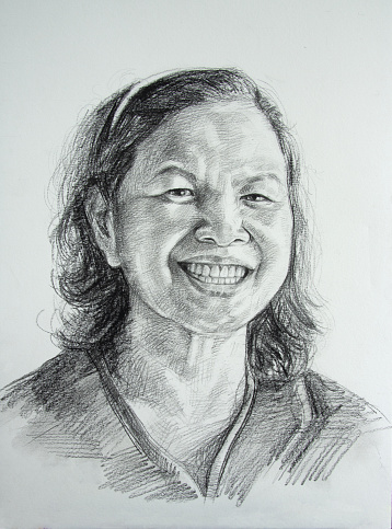 Drawing portrait of an aged Asian woman, black and white, pencil on paper.